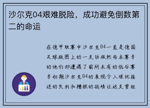 沙尔克04艰难脱险，成功避免倒数第二的命运