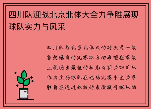 四川队迎战北京北体大全力争胜展现球队实力与风采
