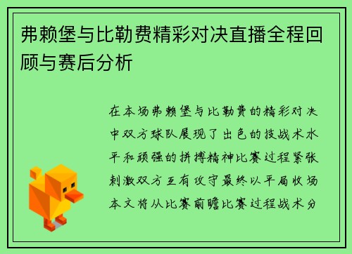 弗赖堡与比勒费精彩对决直播全程回顾与赛后分析